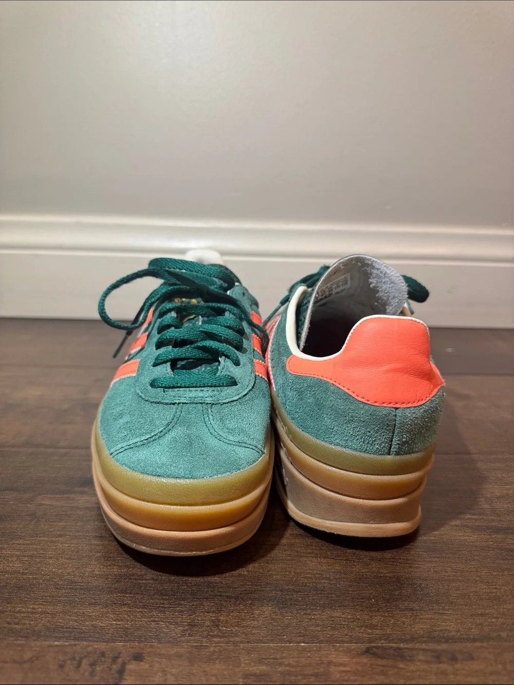 adidas Kids Green Suede Sneakers with Coral Stripes and Gum Sole